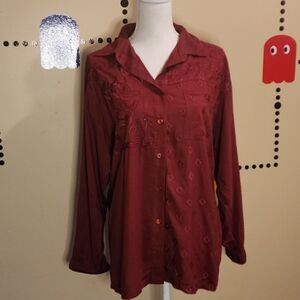 QPS Embroidery maroon button up shirt M